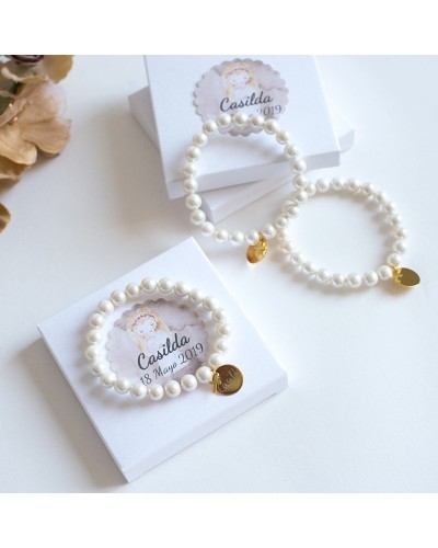 6 pulseras de perlas bautizo con medalla dorada