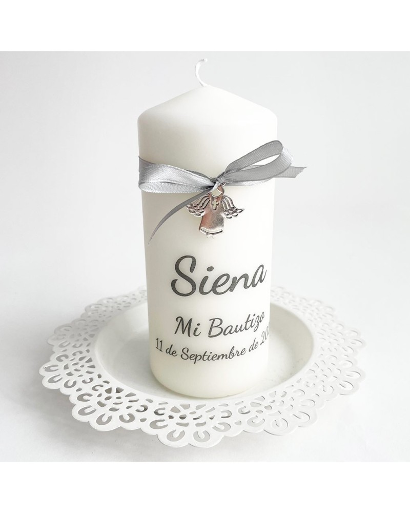 Vela personalizada para bautizo con nombre y fecha y angelito