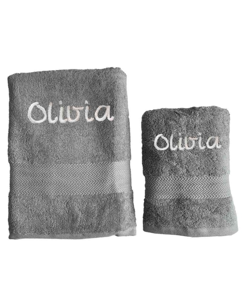 Toallas bordadas con el nombre. Set de 2 toallas con nombre en gris