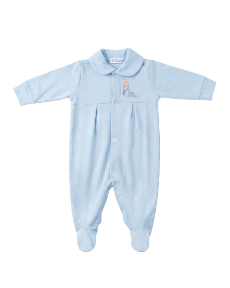 Pijama bebé 100% algodón 0-3 meses con pies y bordado de conejito.