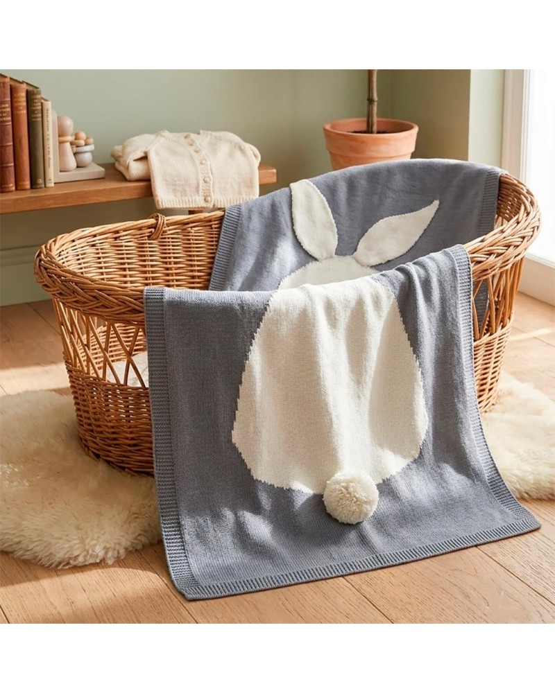 Manta de punto gris con conejo para niños o bebes