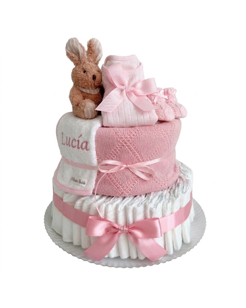 Tarta de Pañales para Niña Rosa Personalizada | El Recién Nacido