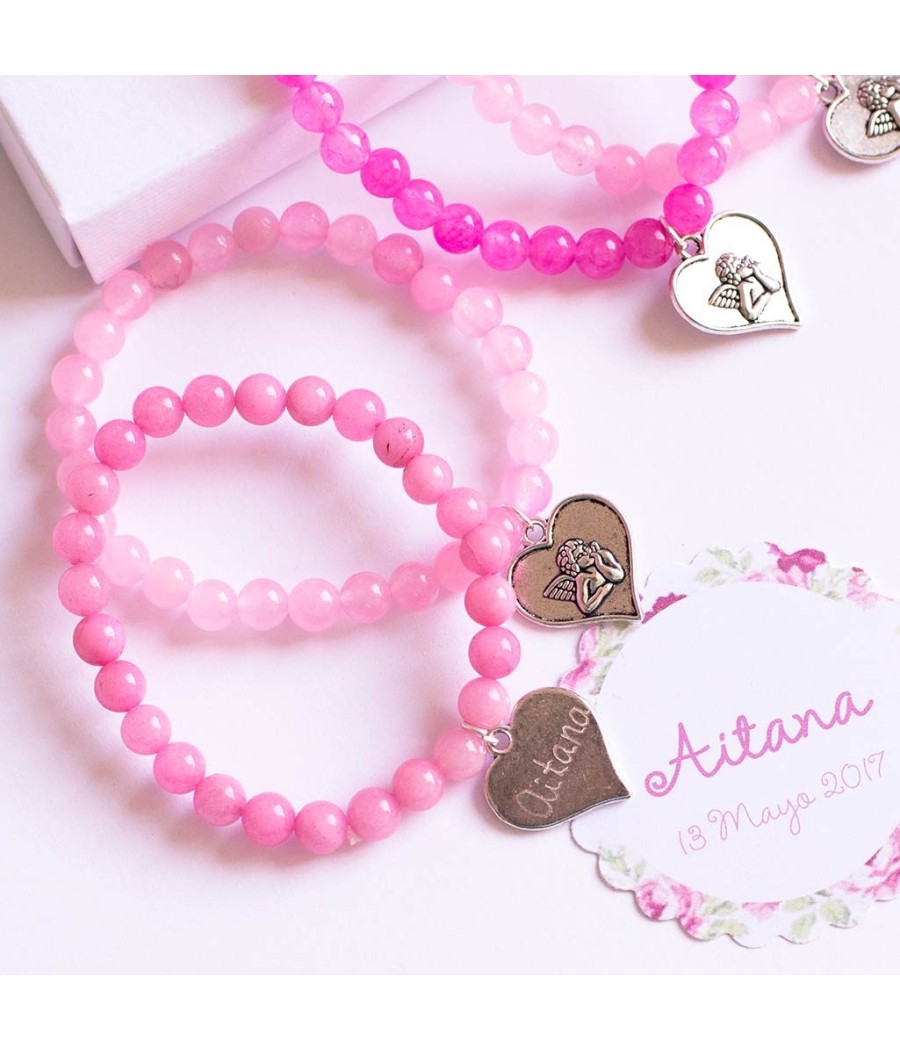 6 pulseras de cuarzo rosa con corazón