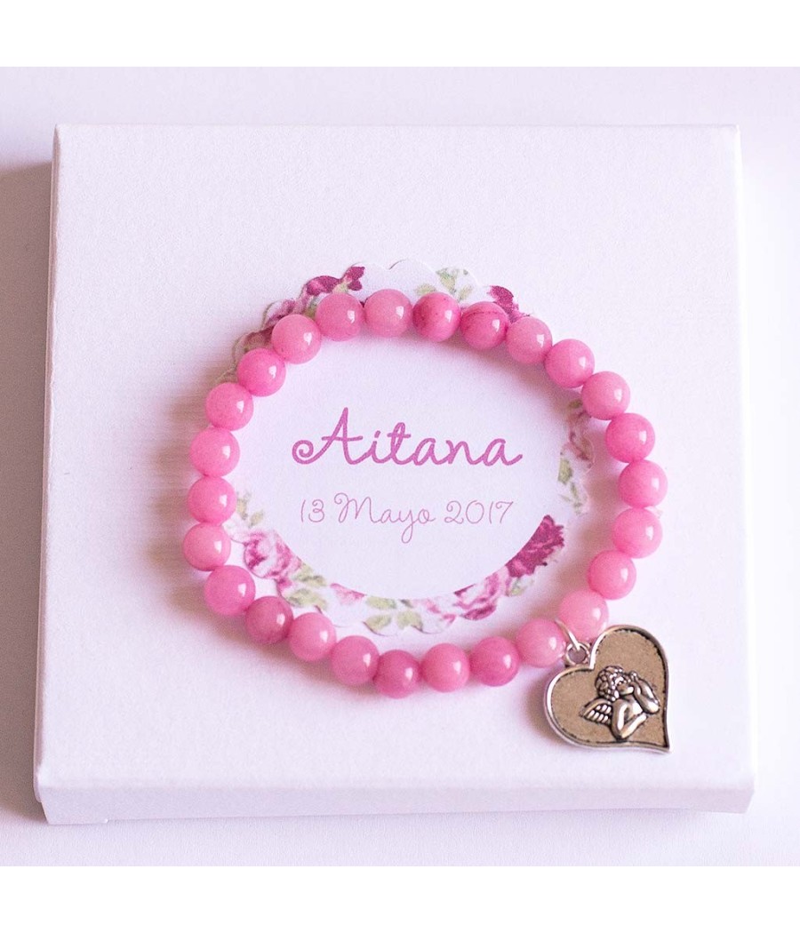 6 pulseras de cuarzo rosa con corazón