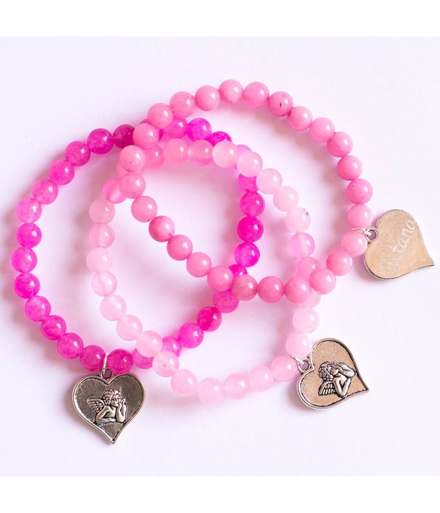 6 pulseras de cuarzo rosa con corazón