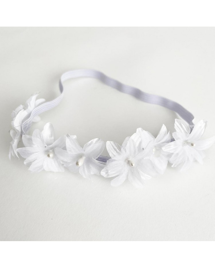 Diadema Bautizo flores blancas pequeñas con perlas